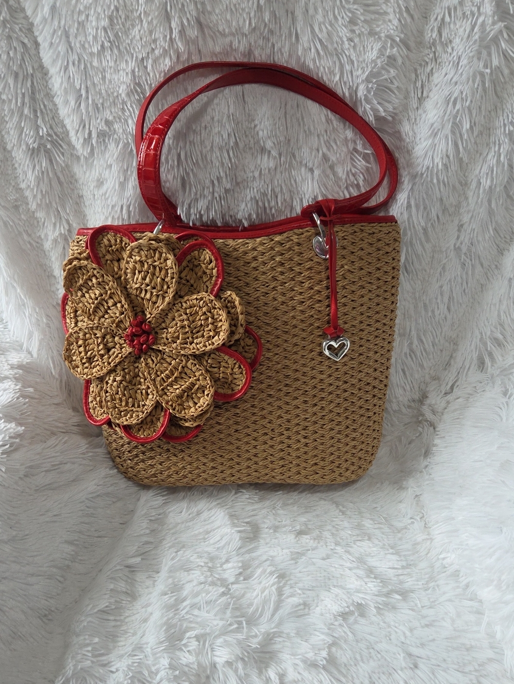 BRIGHTON Woven Straw Tote with Red Trim and Floral Accent The MARISSA NWT